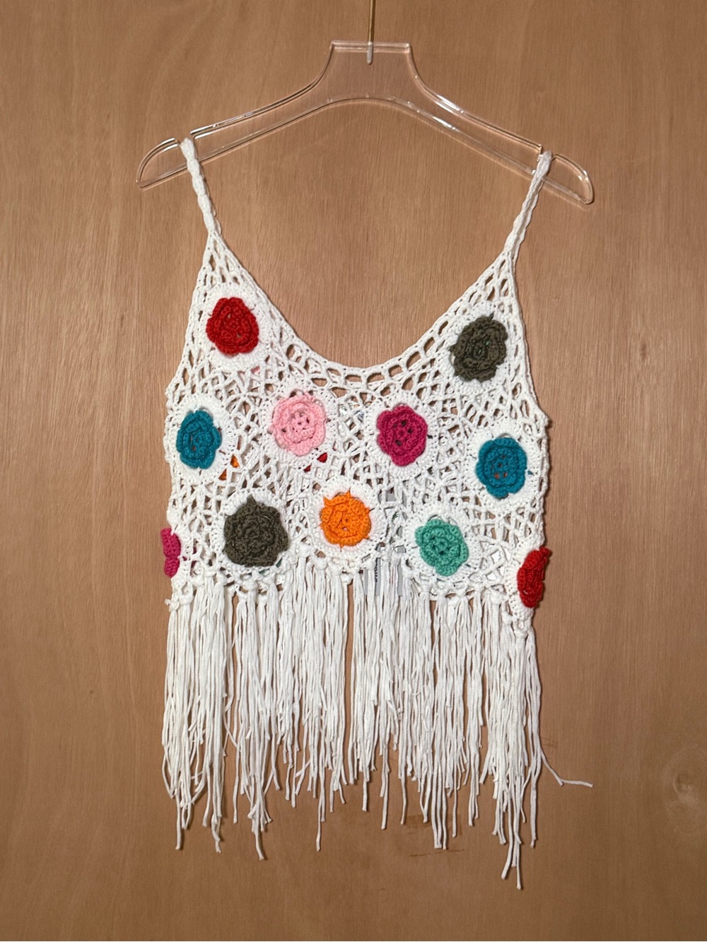 Boho Crochet Fringe Tank Top with Multicolor Flower Accents - White